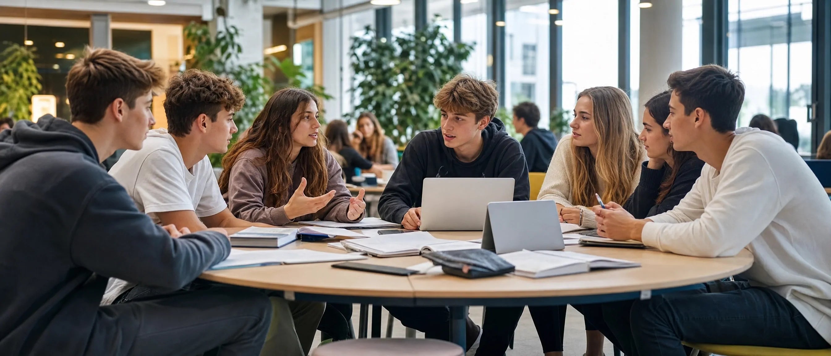 Modern learning spaces for Hungarian schools with students discussing around collaborative classroom furniture