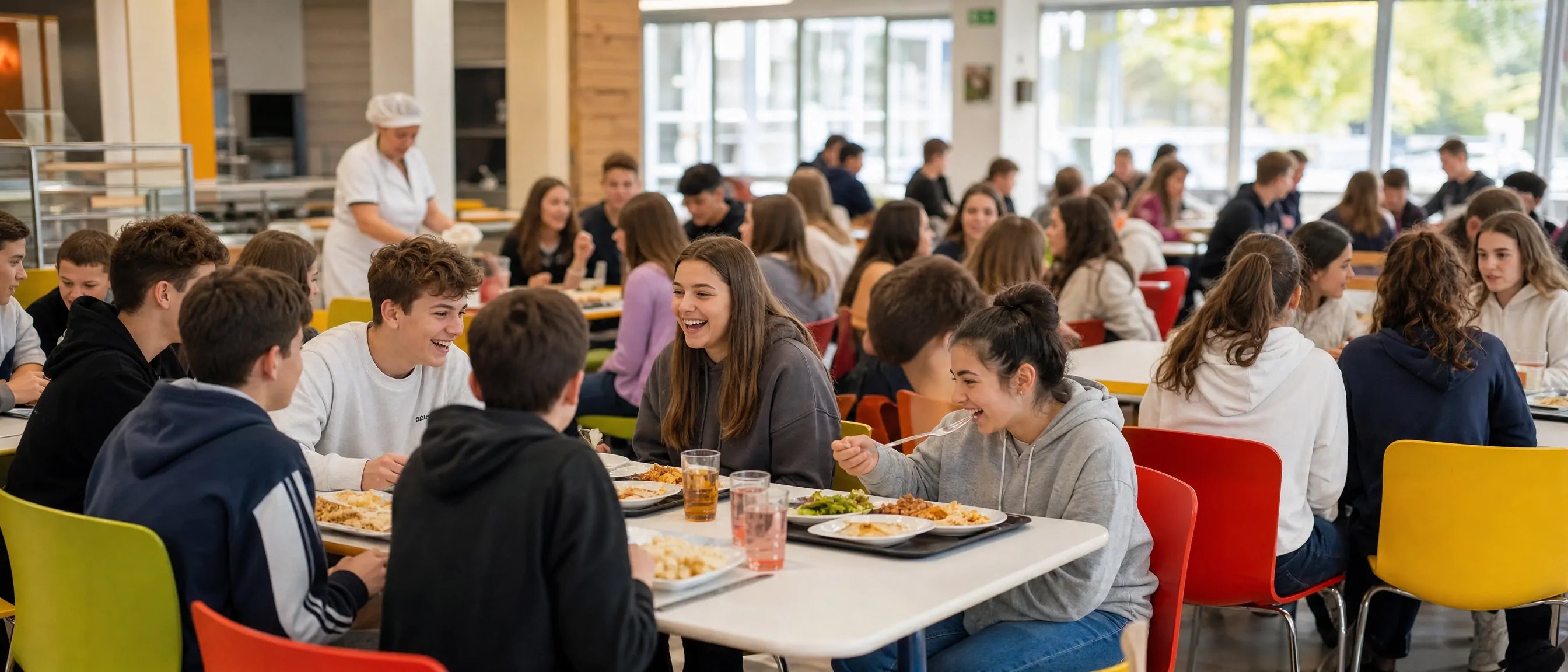 School dining furniture for Hungary and iskolai étkező with students eating in a bright school canteen