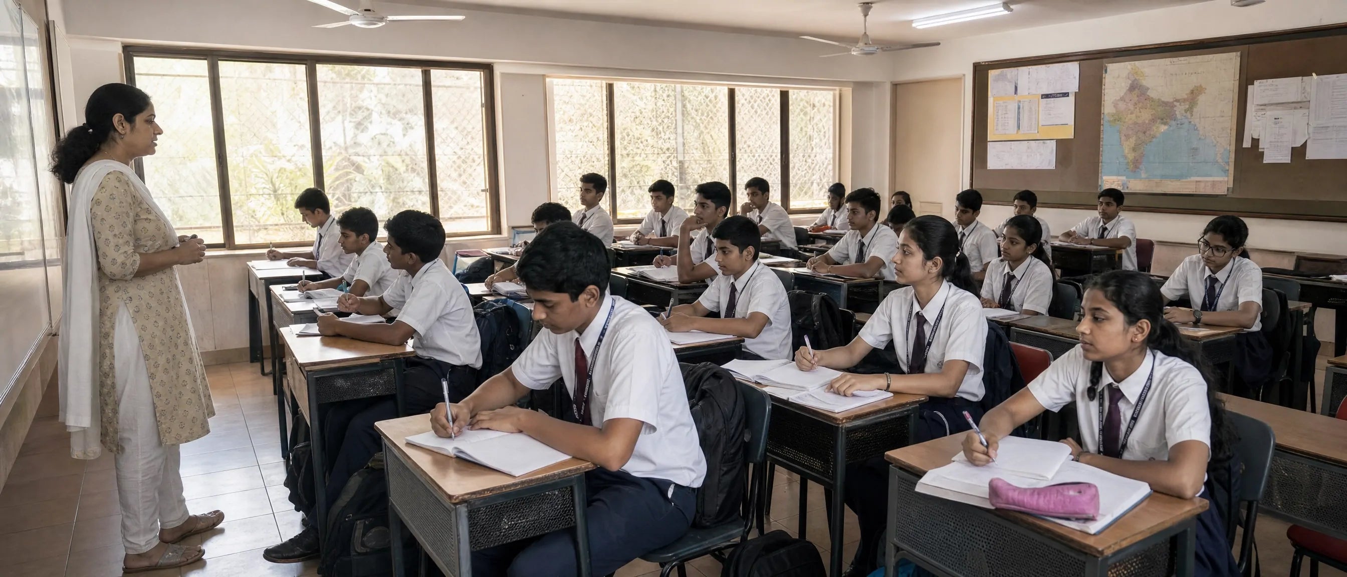Indian school classroom with students using durable student desks and chairs for daily learning