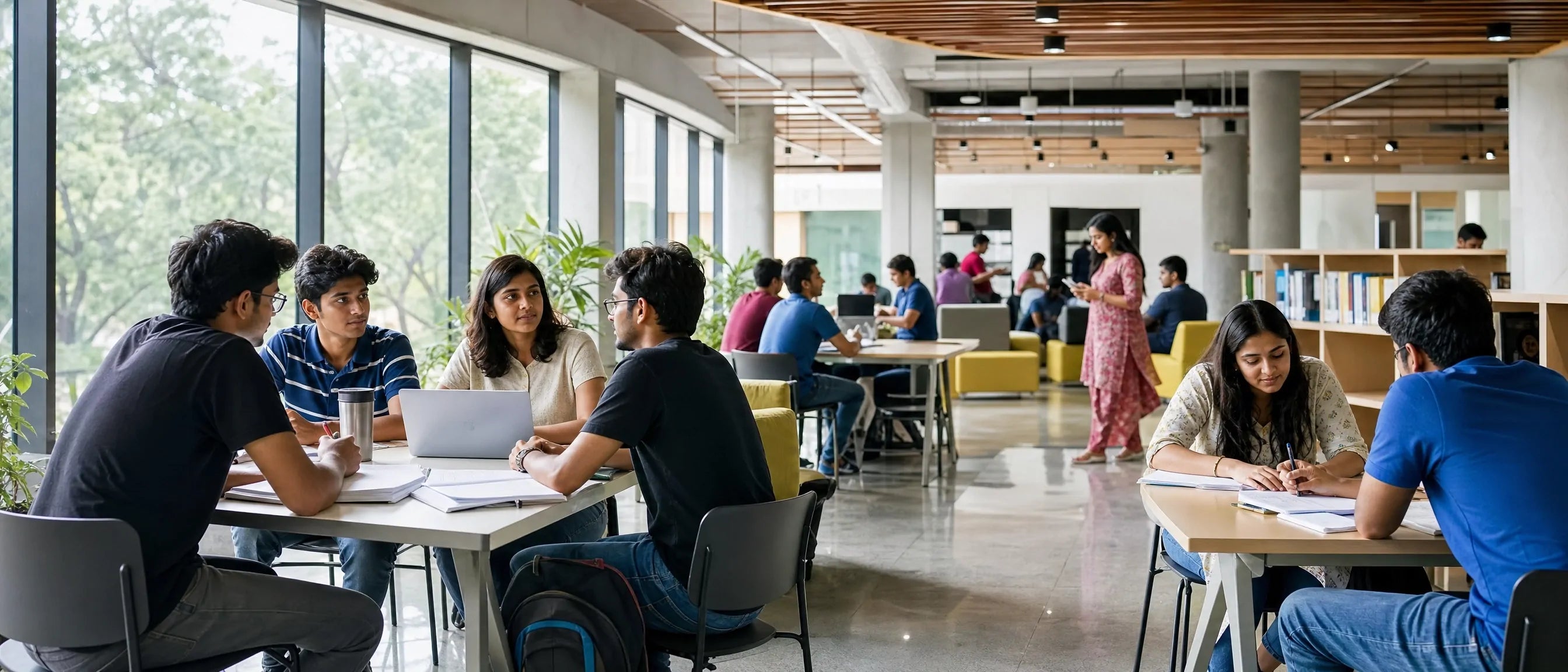 Modern India university collaborative learning space with tables, chairs and flexible study furniture