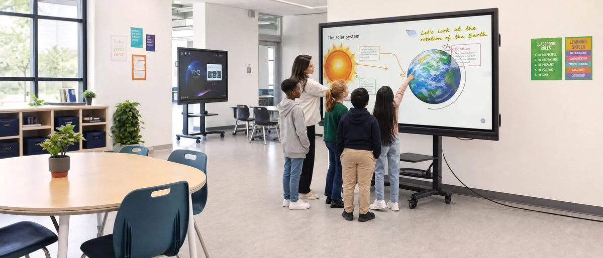 Teacher and students using interactive flat panel display on mobile stand inside modern primary school classroom, digital smart education equipment