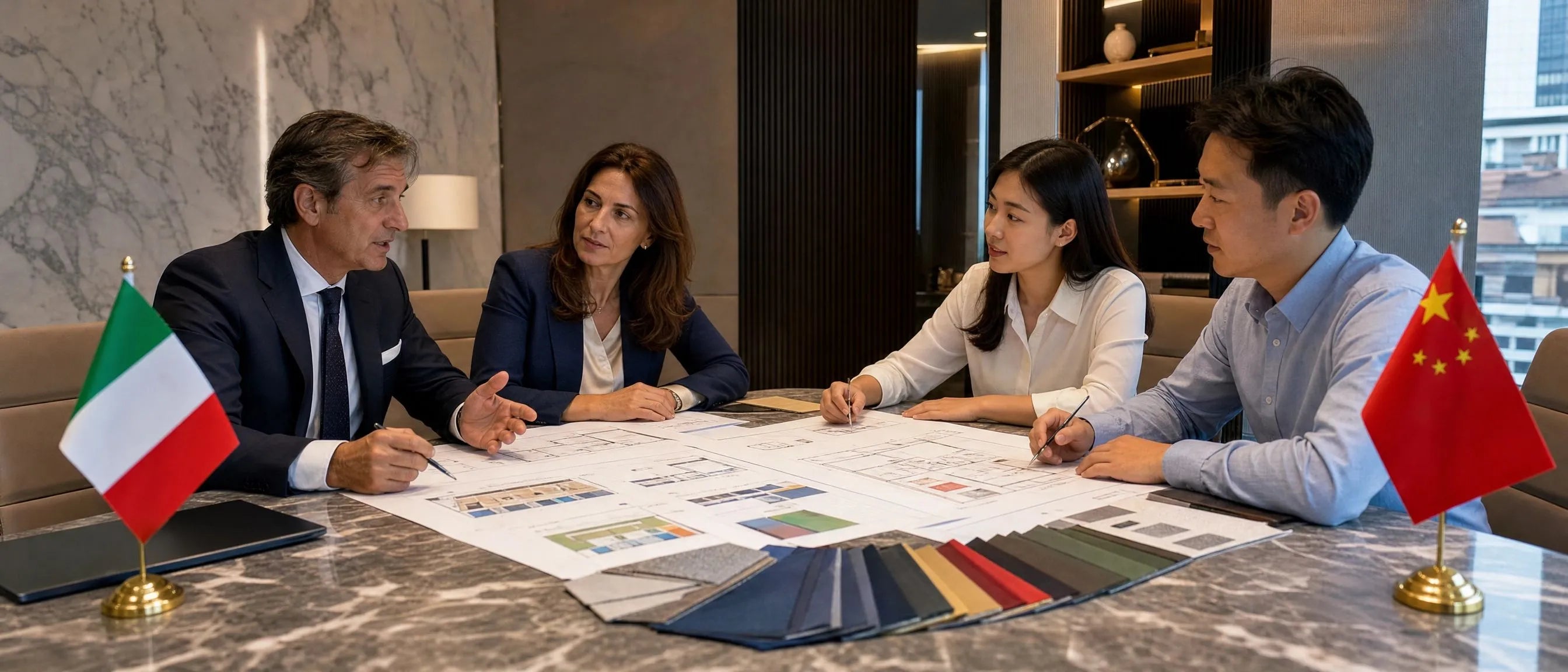 China to Italy school furniture sourcing meeting with education buyers reviewing layouts materials and custom finishes