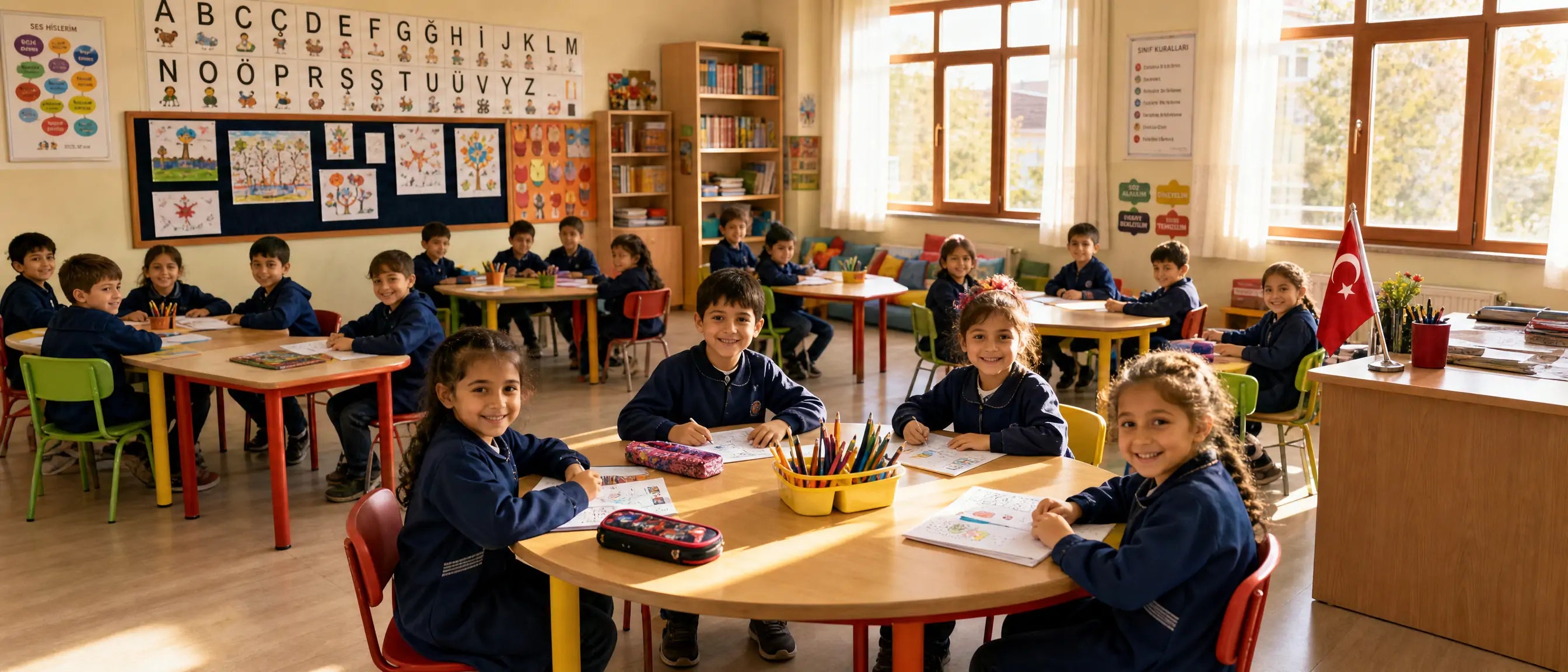 Kindergarten furniture in Turkey and anaokulu mobilyaları with children learning at colourful classroom tables