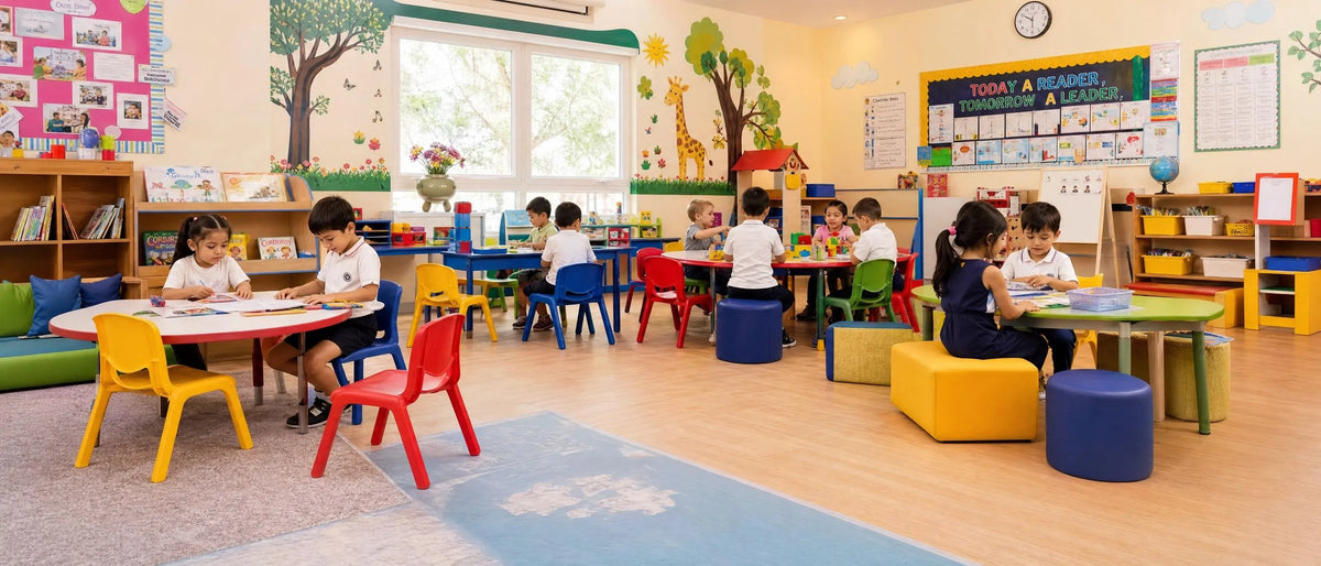 Kindergarten seating furniture for playful creative early childhood learning, colorful preschool classroom chairs and ottomans for kids