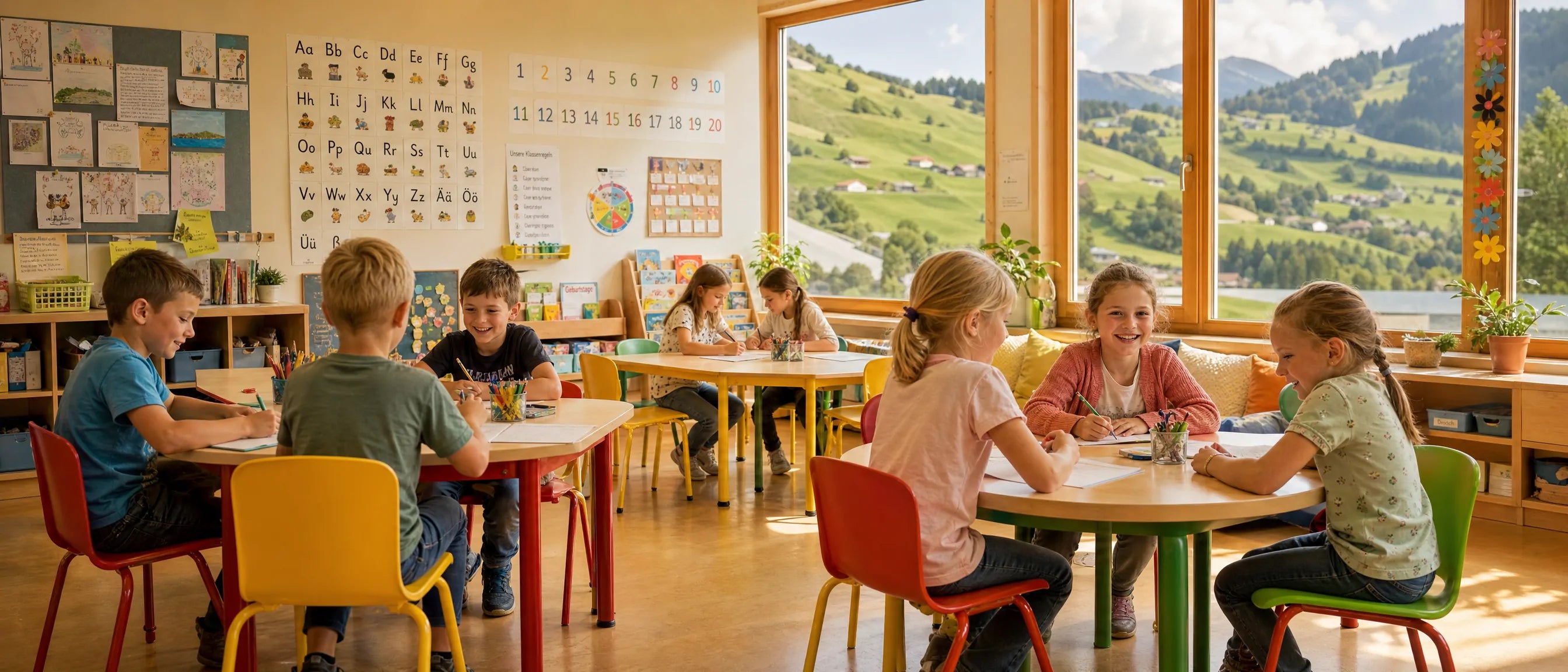 Möbel für Kindergarten und Primarschule in der Schweiz with children learning in a colourful alpine classroom