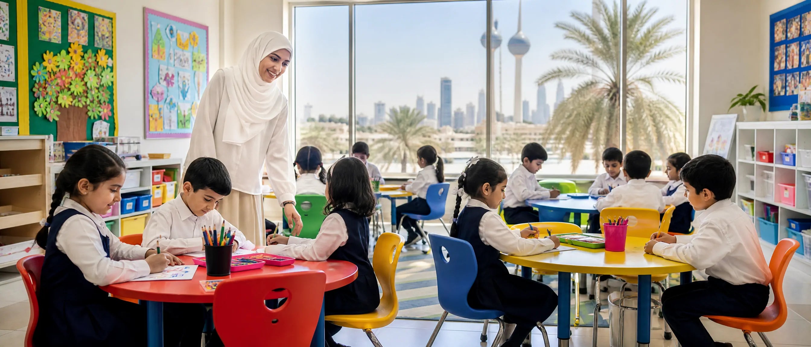 learning classroom furniture in Kuwait with children studying at colourful tables in a modern school