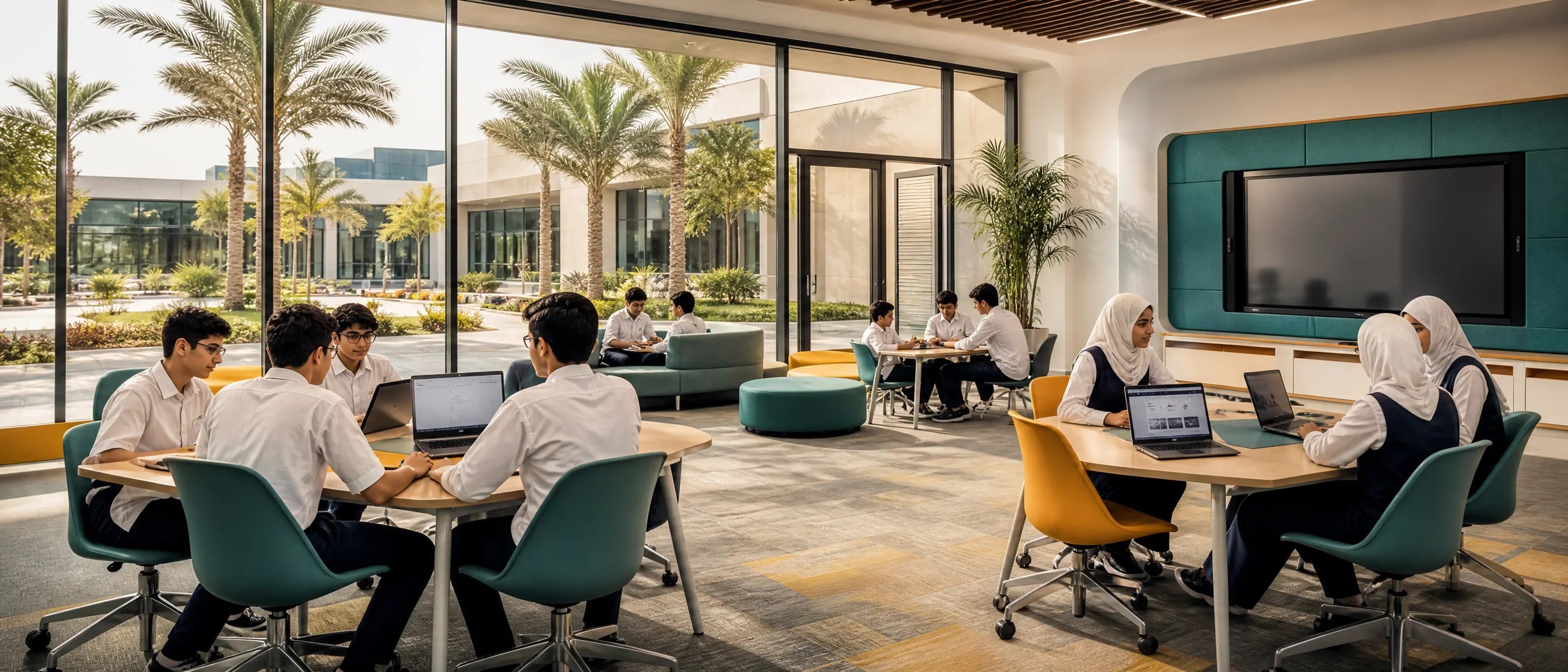 Flexible study furniture for Kuwait schools with students working in a modern collaborative learning space