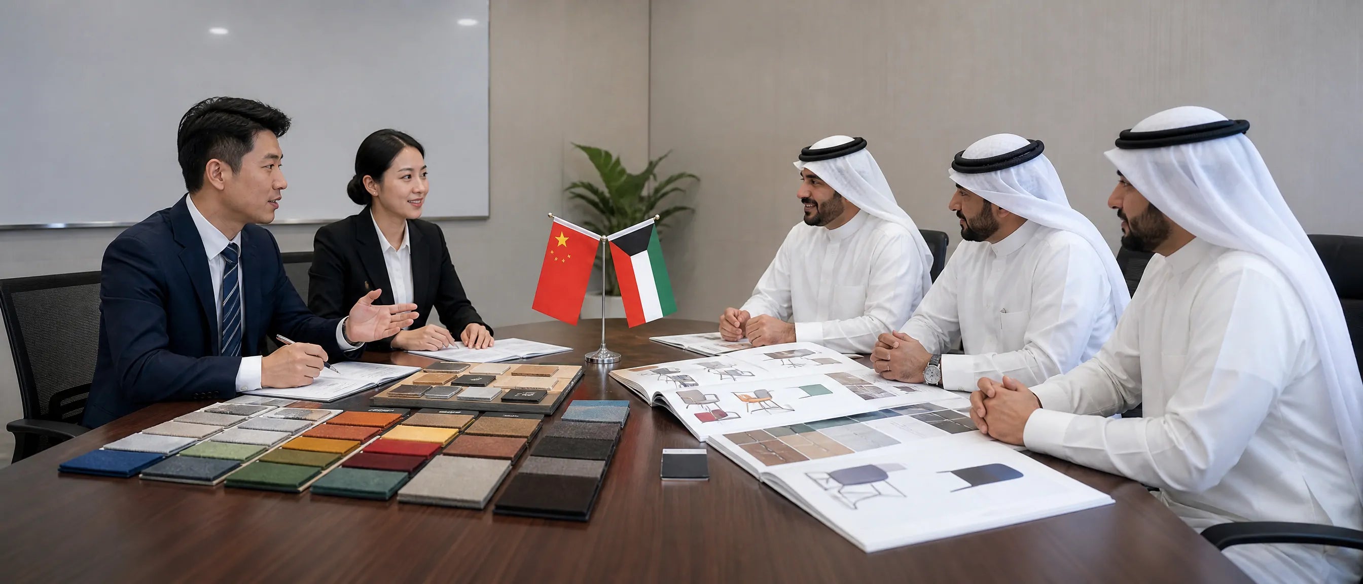 Kuwait school furniture sourcing meeting with Chinese supplier, material samples and education furniture catalogue
