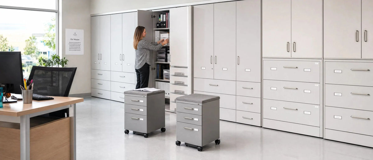 Laptop and device charging lockers with mobile pedestals for modern digital classroom school storage solutions
