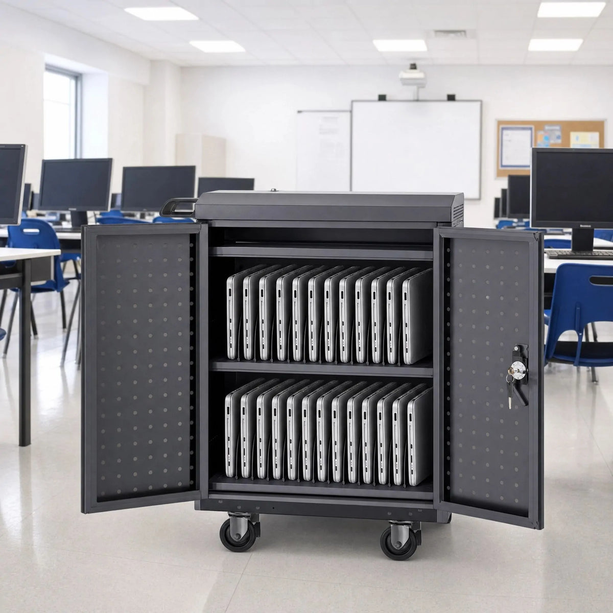 Steel laptop and device charging lockers, multi‑bay device charging cabinet for office and school
