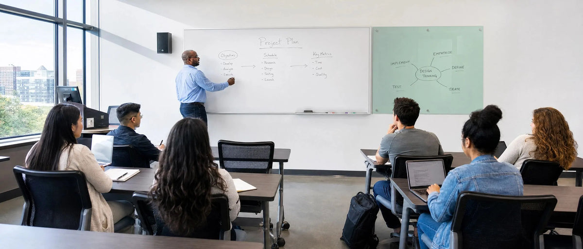 Lecturer writing on large magnetic whiteboard during university lecture, modern higher‑education classroom with student workstations