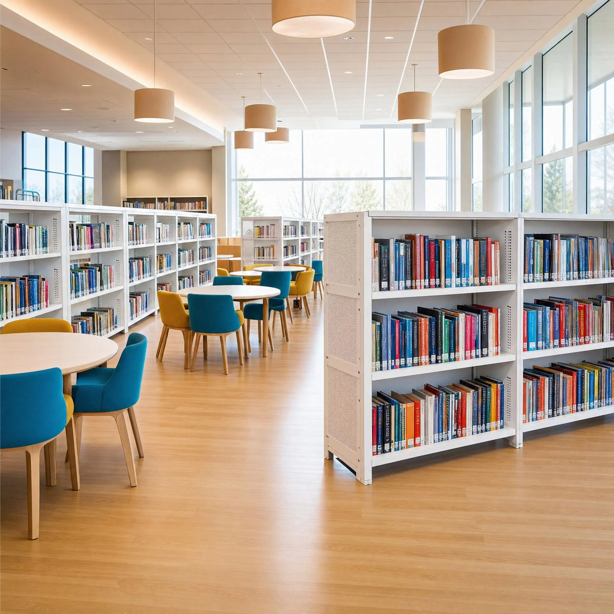 White double‑sided library shelving units, metal book rack for school and public library reading room