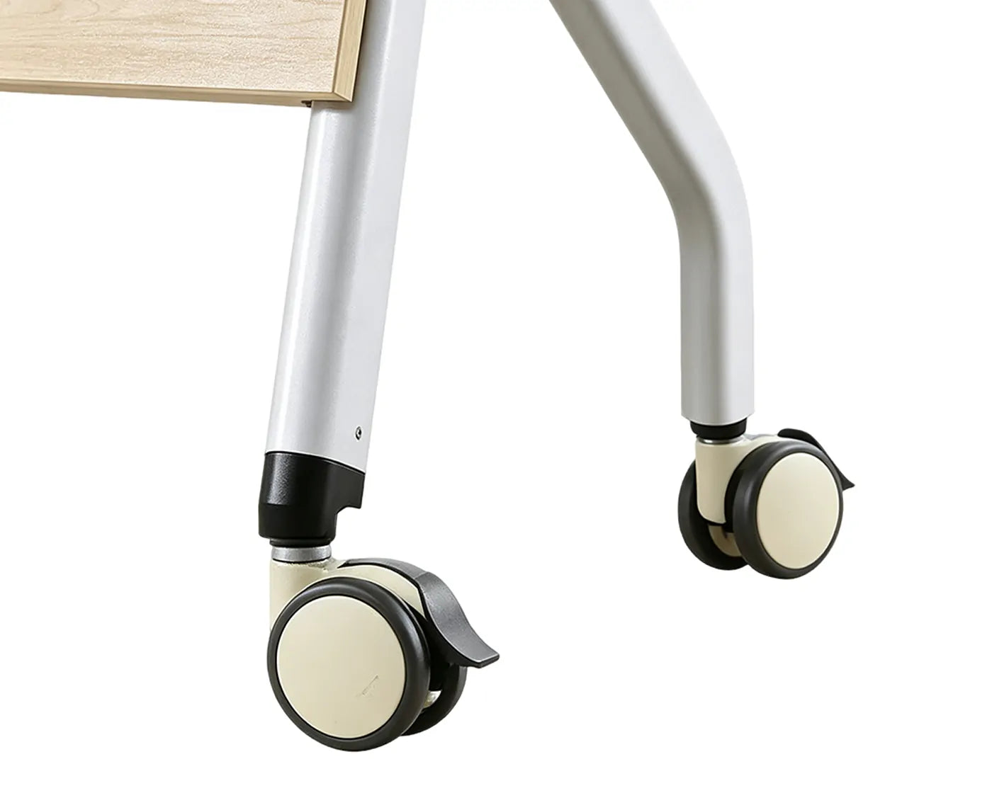 Lockable swivel caster wheels on wood grain flip top training table