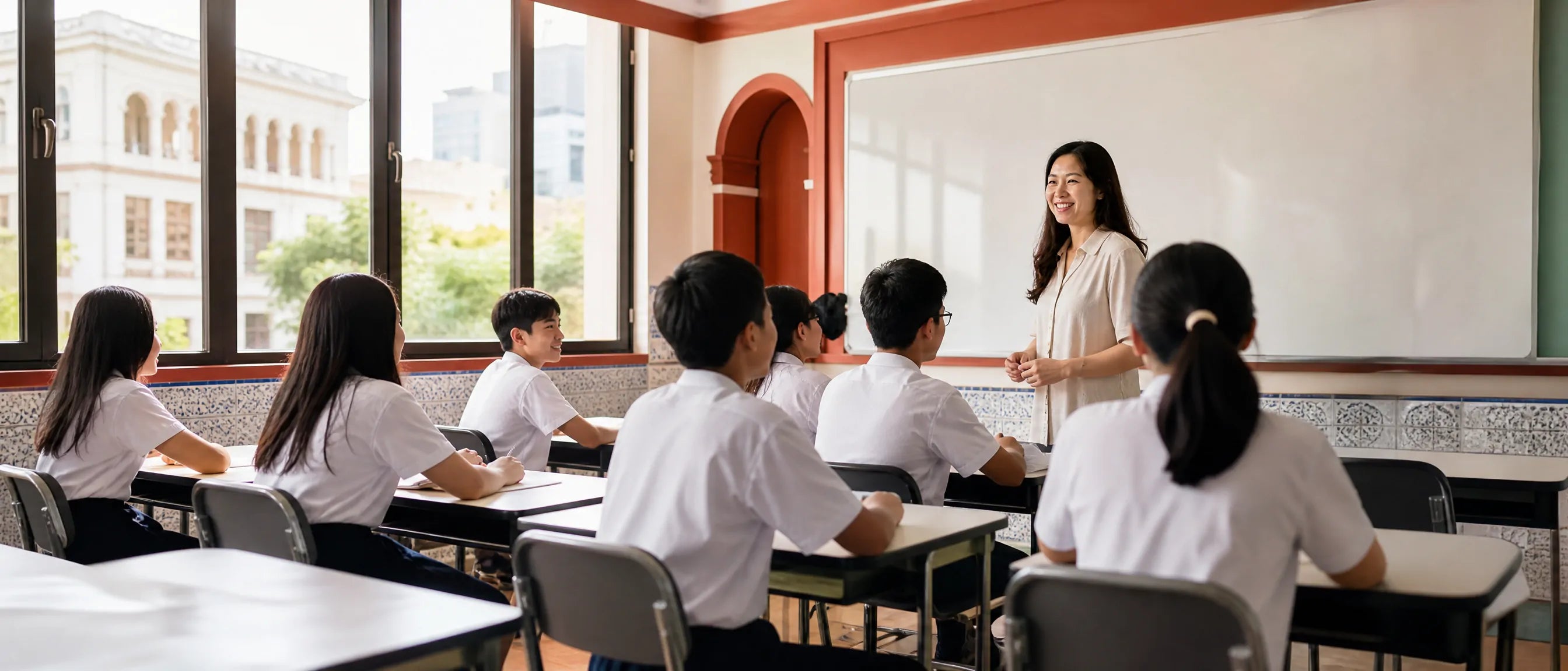 Macau school furniture for modern classrooms with students learning in a bright classroom setting