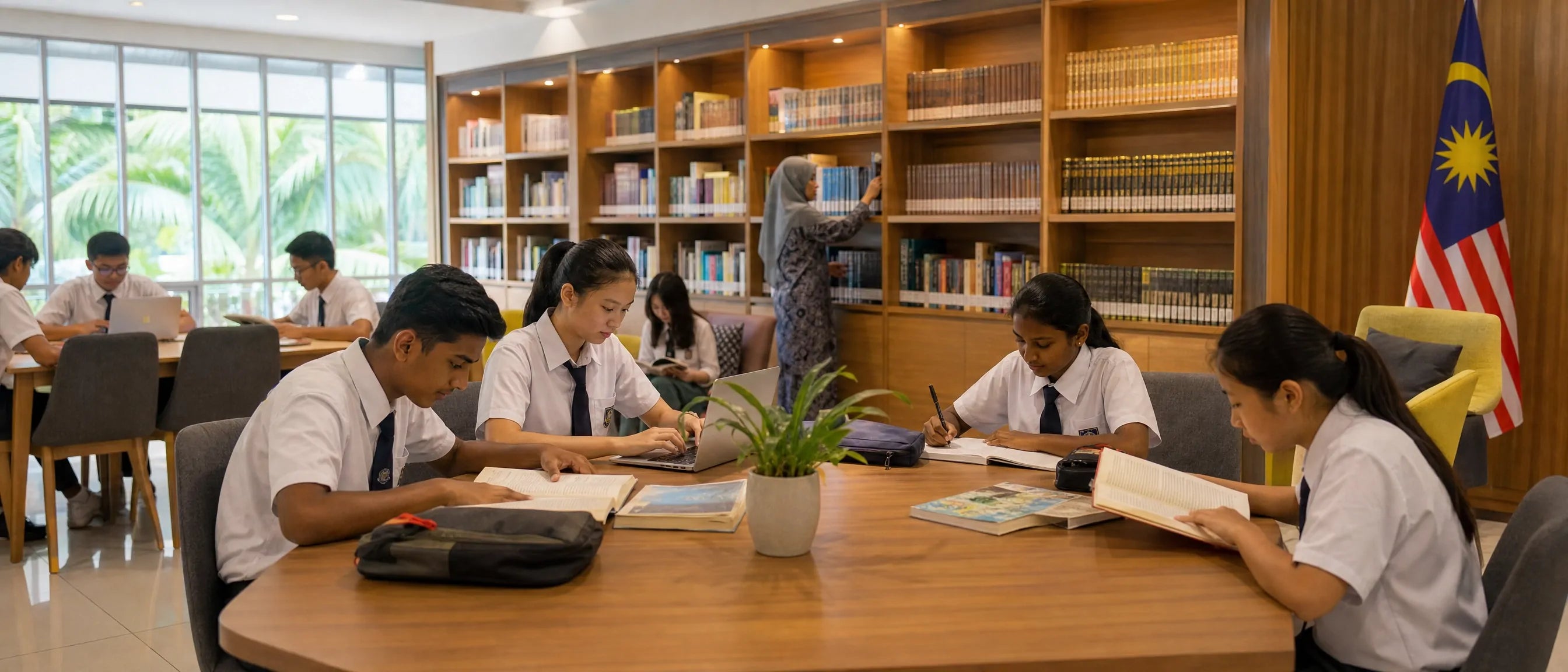 Premium school library and learning furniture for Malaysia with reading tables, library shelving and student study areas