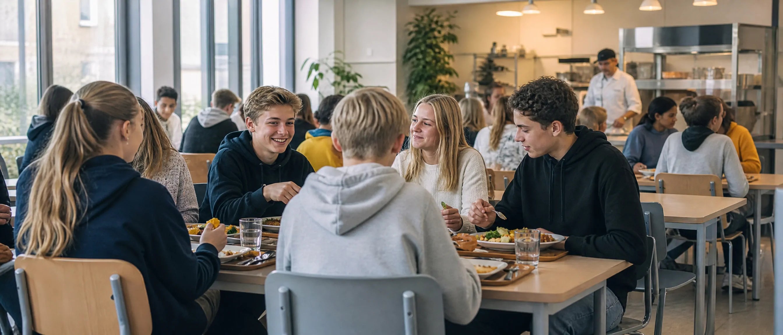 Matsalsmöbler för skolor i Sverige with students eating together in a modern Swedish school canteen