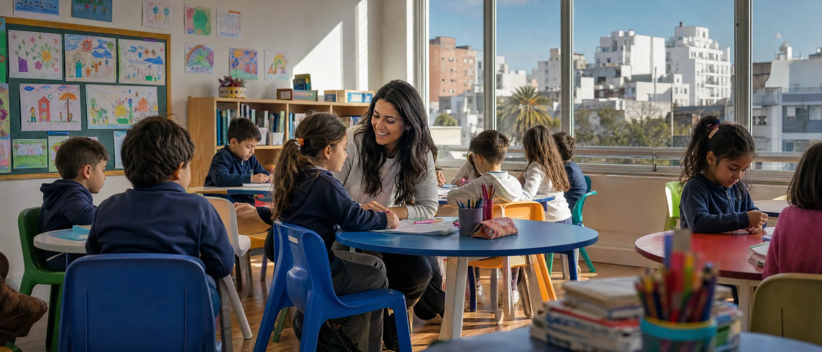 Mesas y sillas para escuelas primarias en Uruguay con niños en un aula moderna y luminosa'