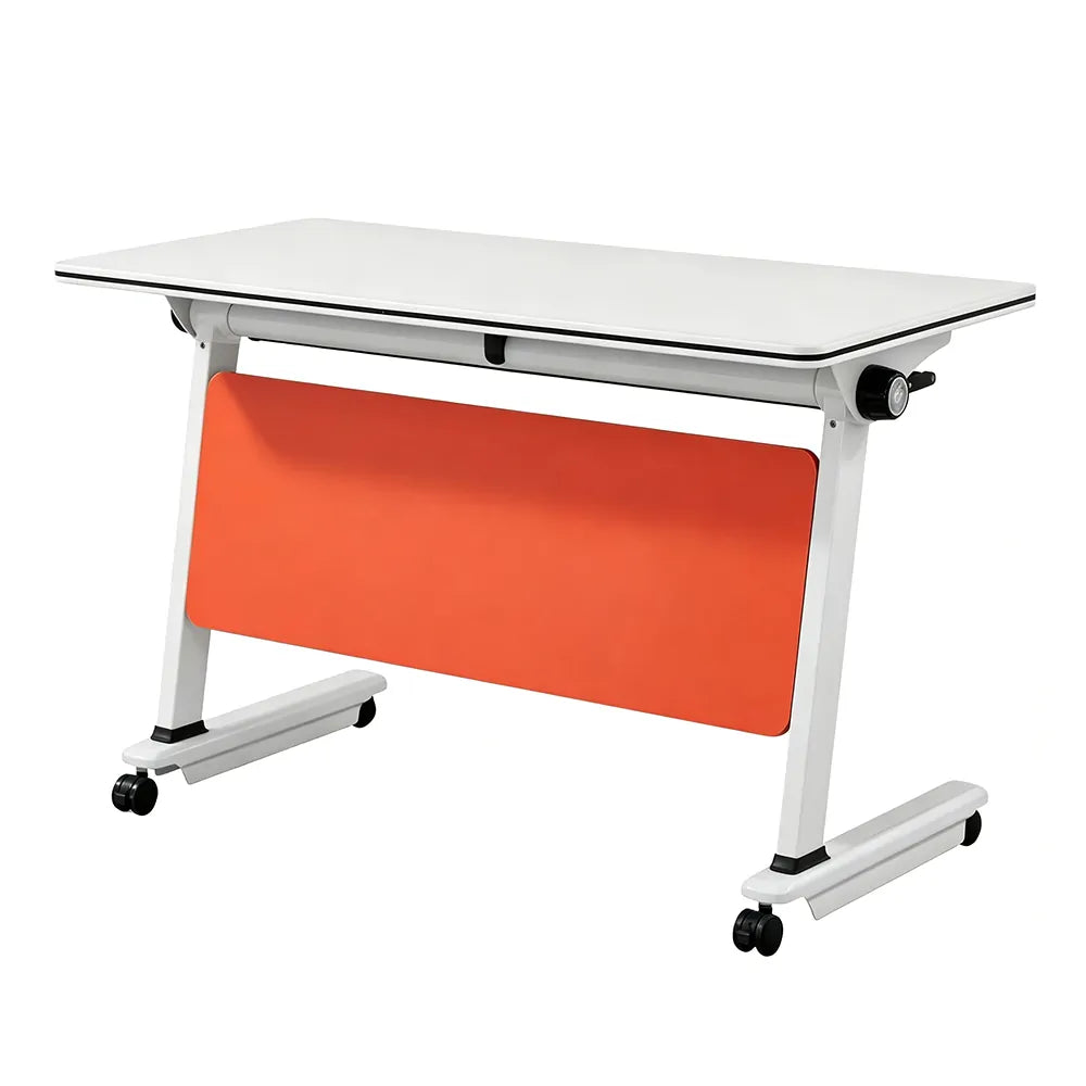 Mobile flip top training table with wheels, white top and orange panel