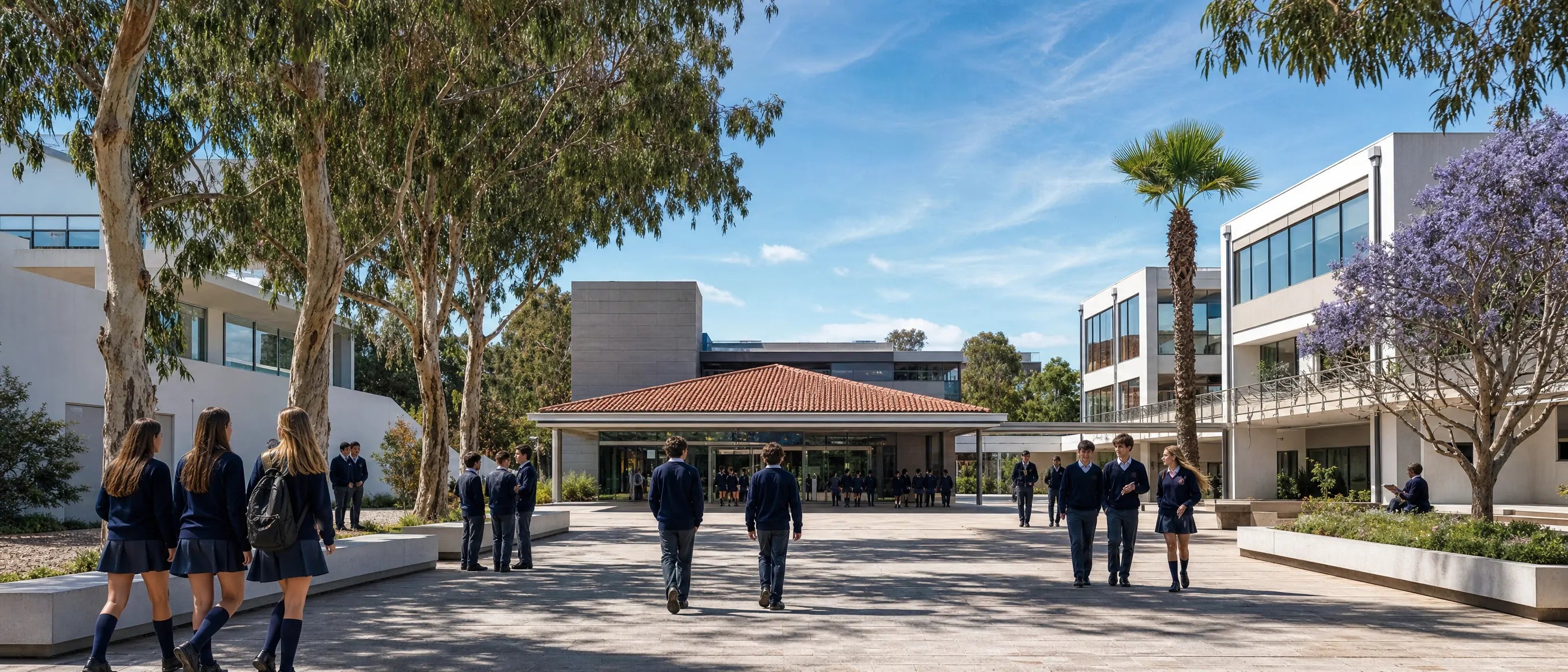 Mobiliario escolar para campus educativos en Uruguay con estudiantes caminando en un colegio moderno