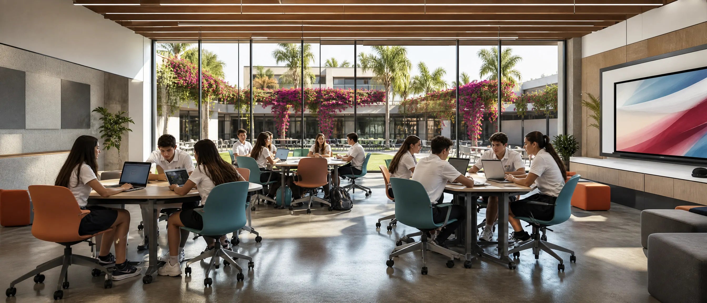 Flexible education space in Mexico with students using laptops and modular school furniture