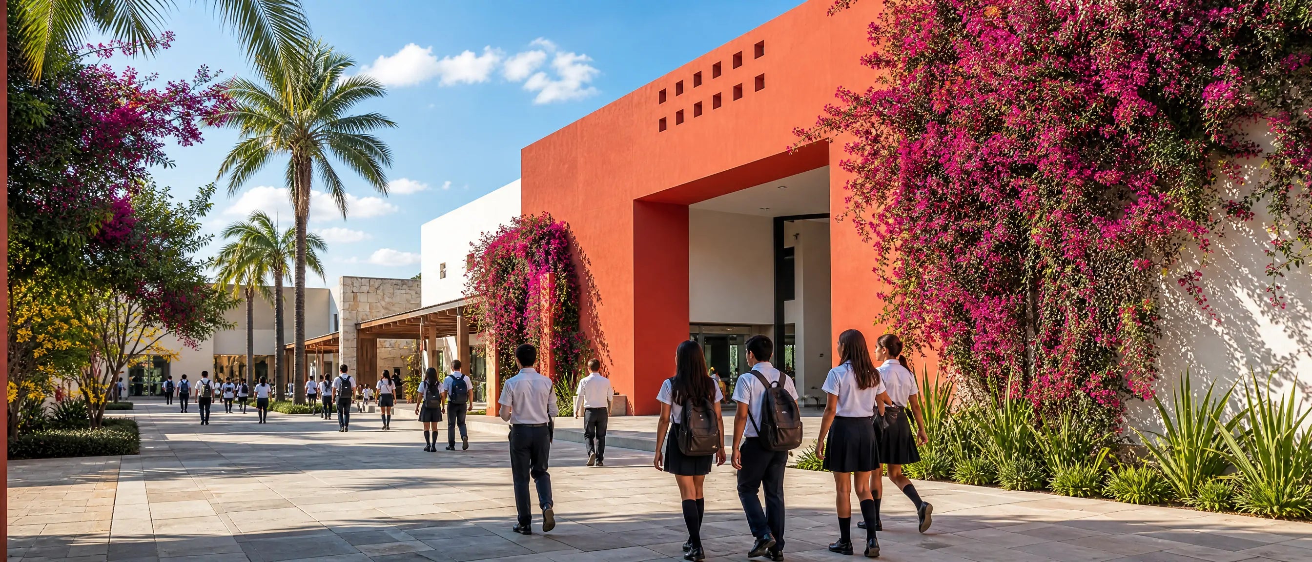Mobiliario escolar para colegios en México with students walking through a modern school