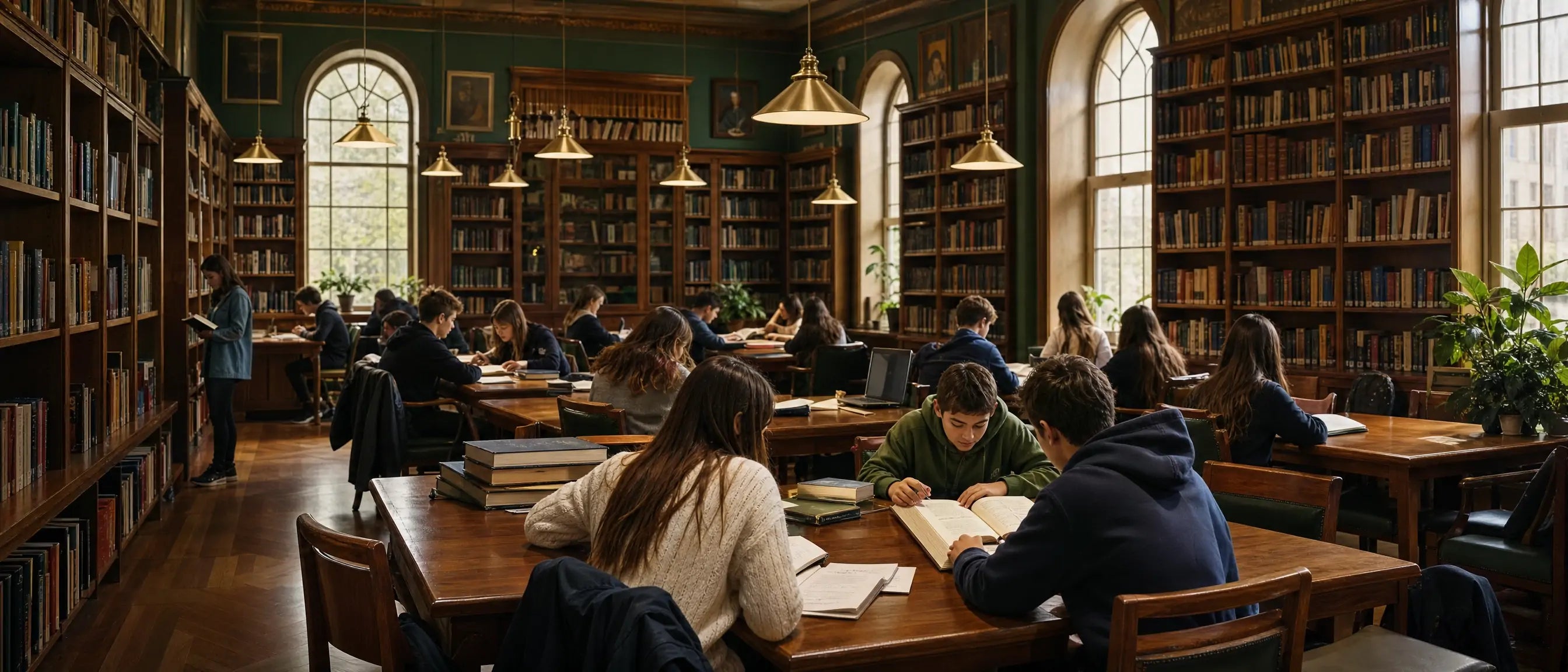 Mobilier pentru biblioteci școlare în România with students reading and studying in a traditional library