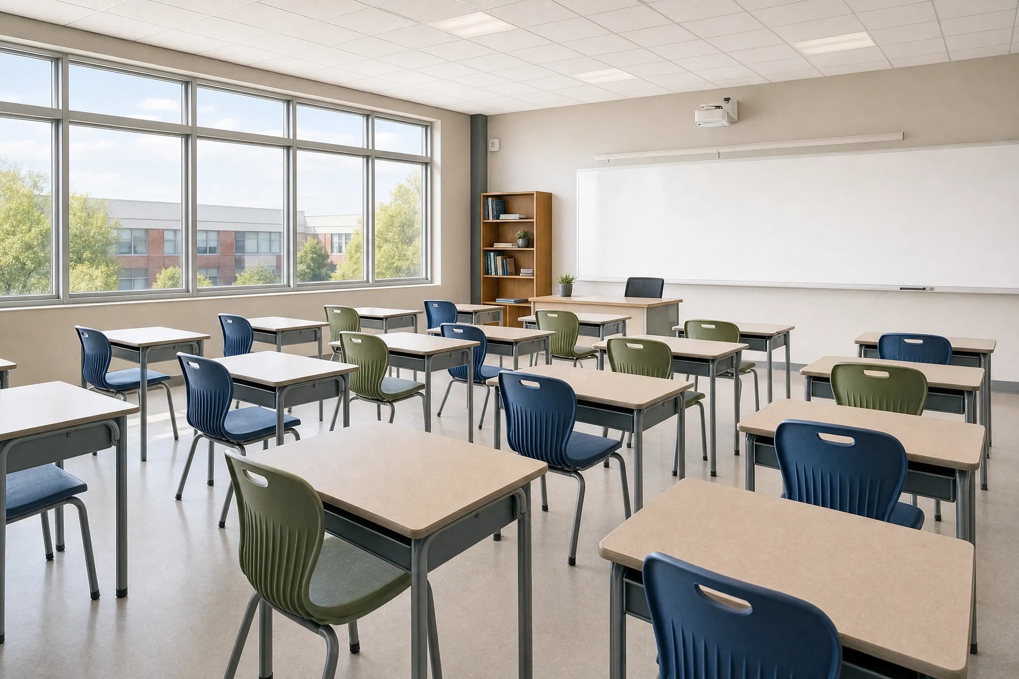Modern classroom furniture including student desks, classroom chairs, teacher tables and storage cabinets for flexible learning spaces in schools.