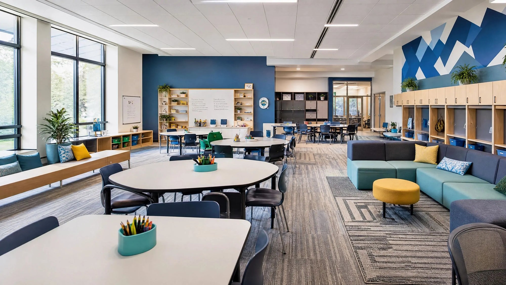 Modern school learning space with custom classroom tables, chairs, storage and lounge seating for flexible education environments