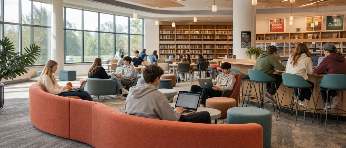 Collaborative soft seating solutions for modern school libraries and breakout zones, modular lounge chairs for student collaborative learning space