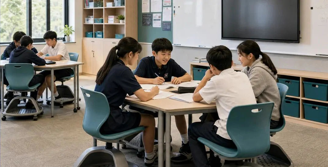 students working in groups at modern school classroom with collaborative tables, ergonomic chairs, storage cabinets, whiteboard and interactive display; school furniture sourcing and procurement for education buyers, contractors and distributors
