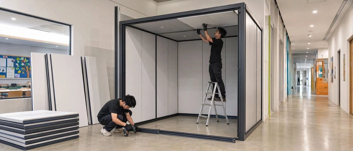 Modular acoustic pods flat‑pack installation, easy‑assemble soundproof booth components for flexible workspace layout