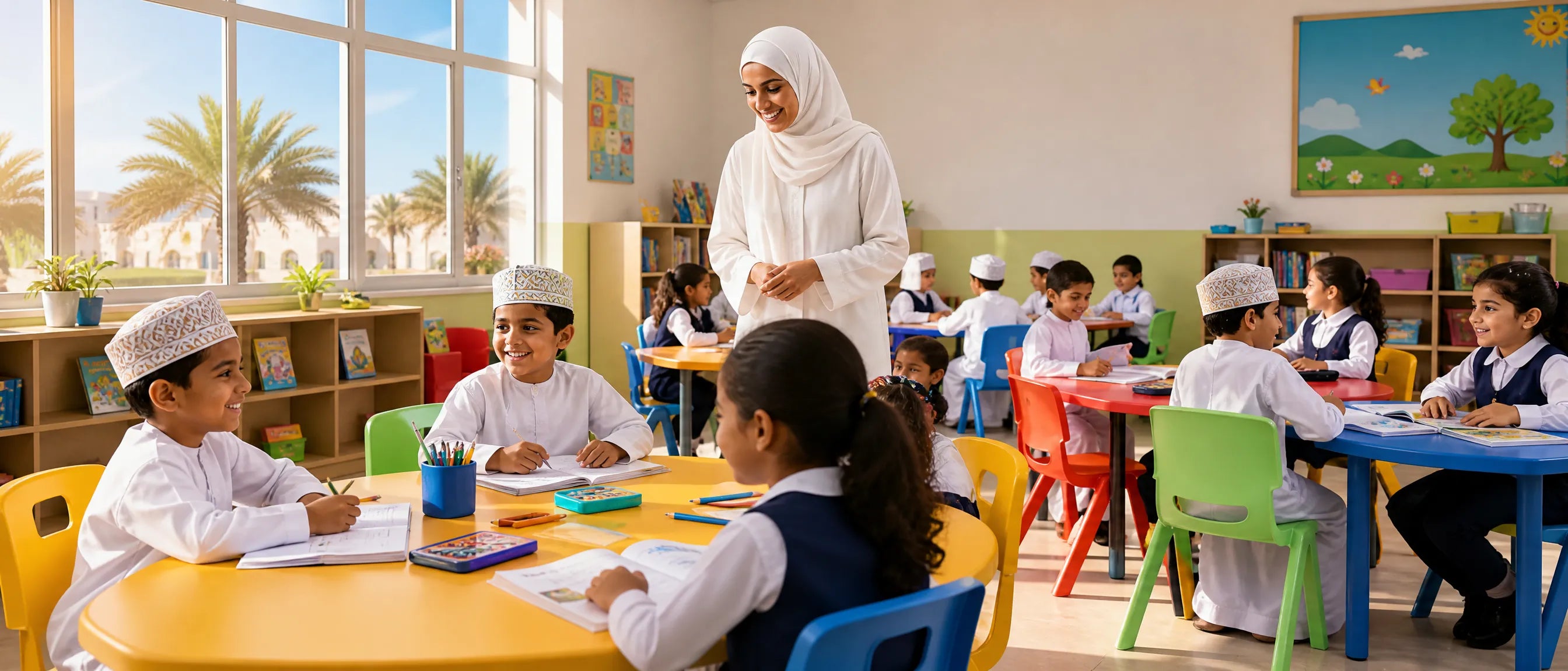 Nursery and primary classroom furniture in Oman with colourful student tables and chairs