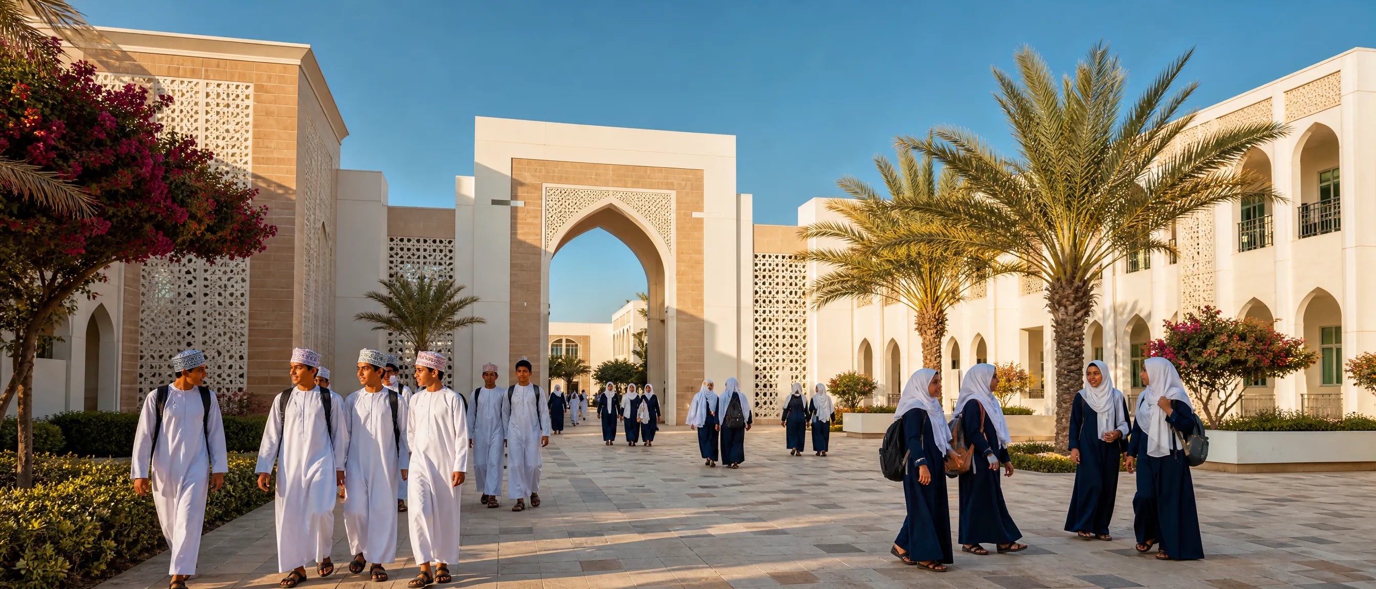School furniture supplier for Oman campus with students walking through a modern education courtyard