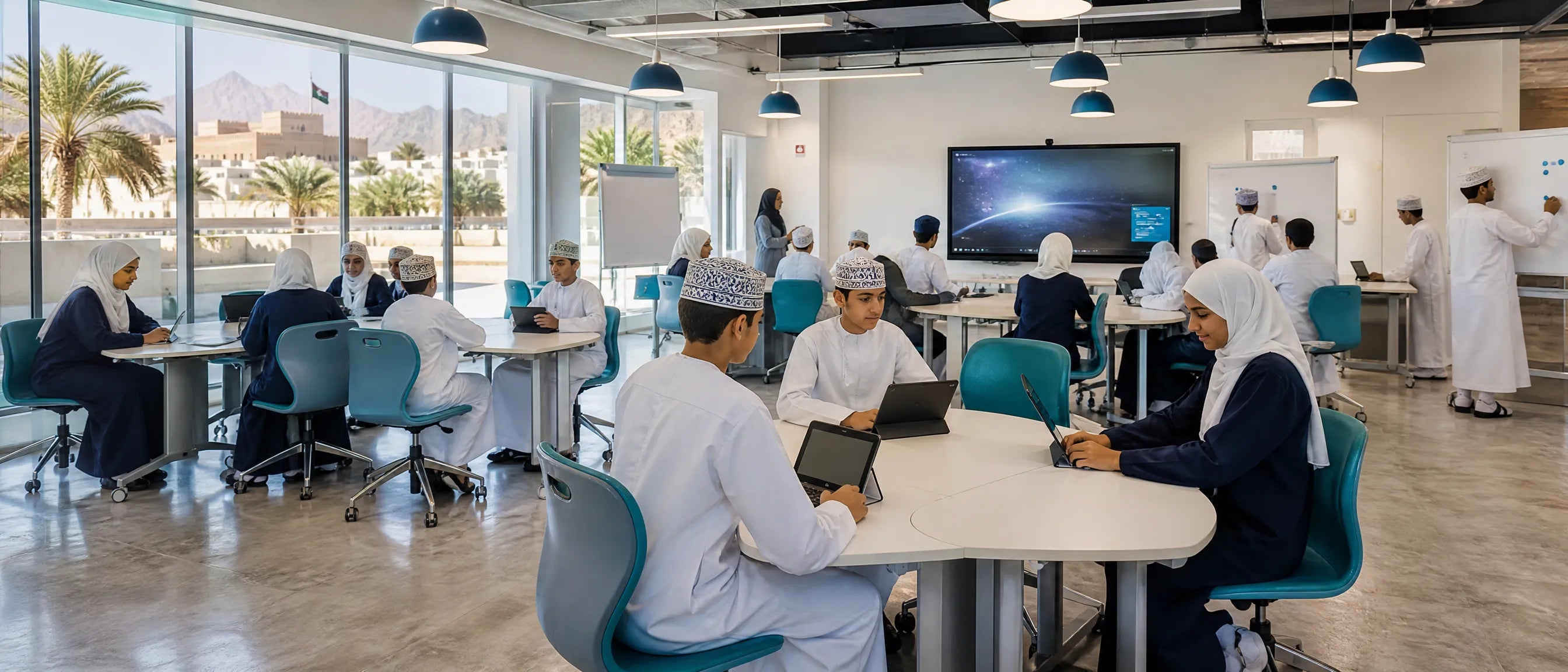 Smart classroom furniture for Oman schools with students using tablets in a modern learning space