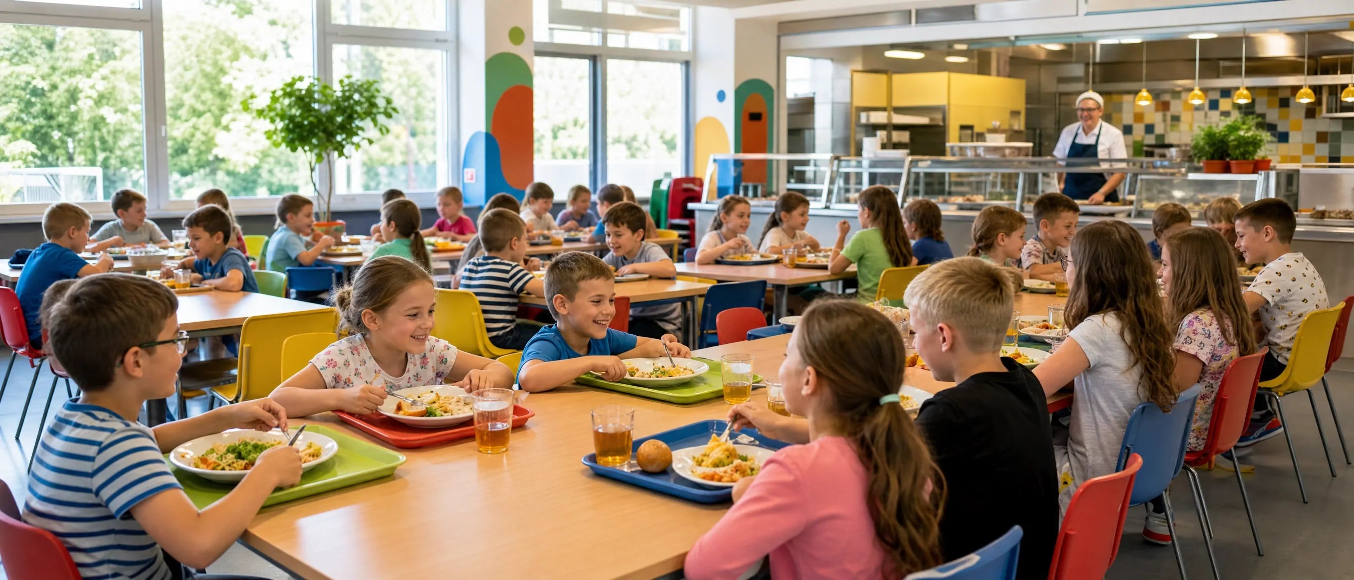 School canteen furniture for Poland and stołówki szkolne with students dining in a bright cafeteria