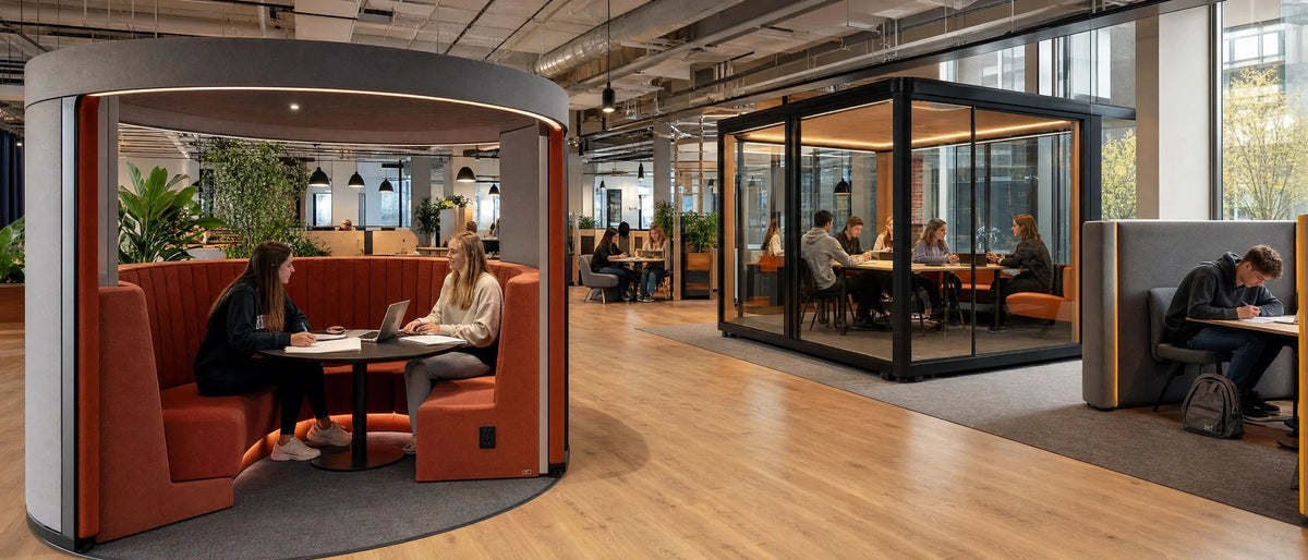 Premium modular acoustic pods and booth seating, multi‑person quiet collaboration workspace for school and open office