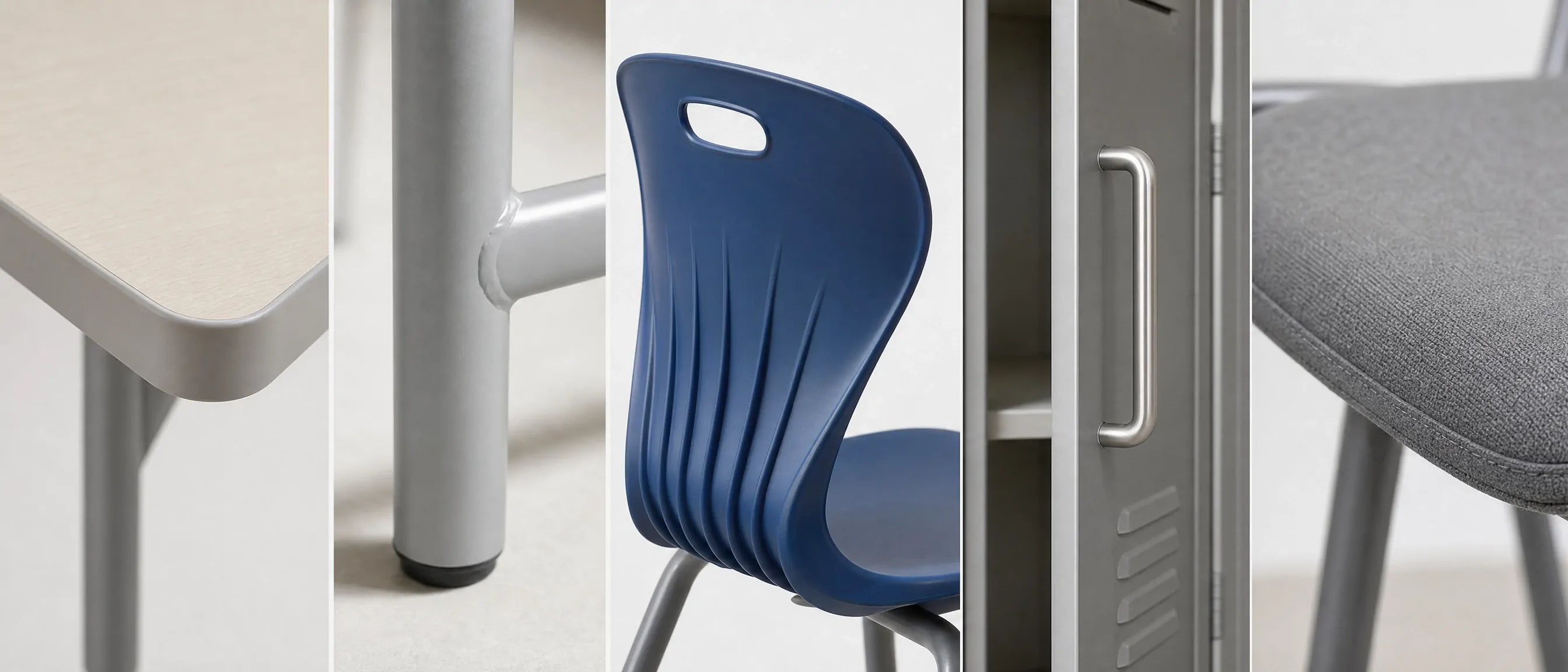 Premium quality school furniture from China with detailed finishes on desks, student chairs, lockers and upholstered seating