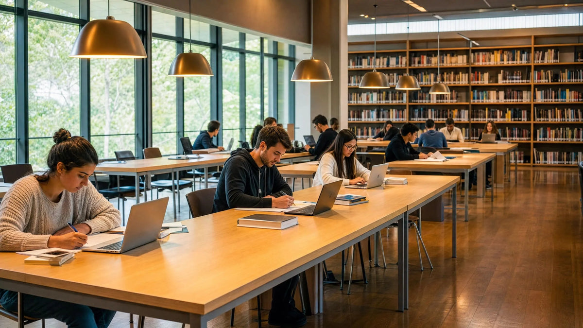 Hero banner, modern university library interior with students studying, premium library reading tables and study desks for academic learning spaces, high‑quality contemporary educational furniture