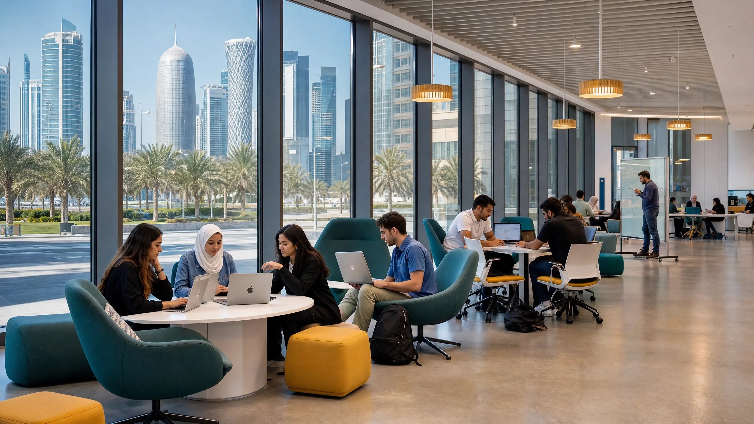 Collaborative campus furniture for Qatar universities with flexible seating study tables and student lounge solutions
