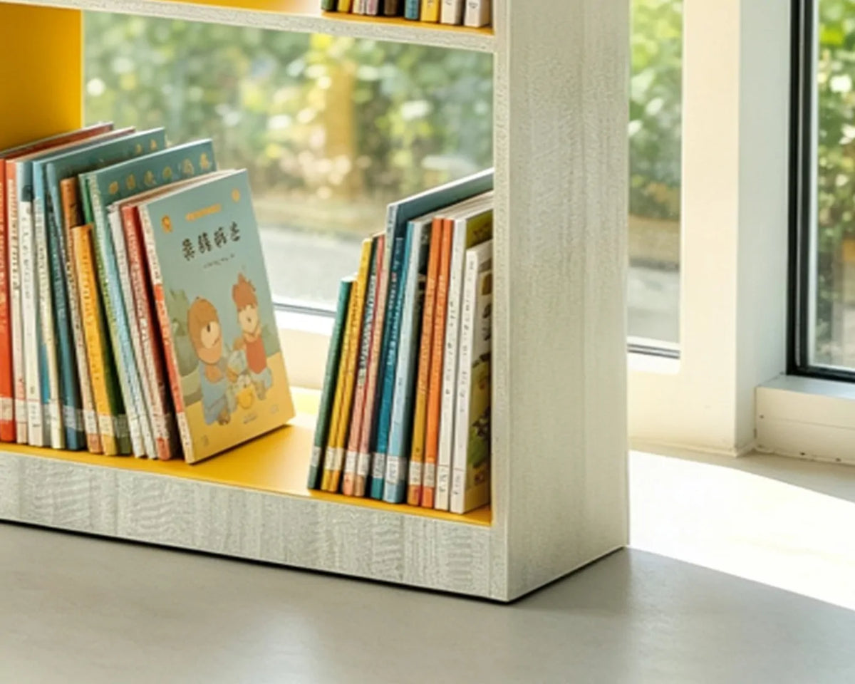 Raised base structure of double-sided library bookshelf for stability and easy floor cleaning