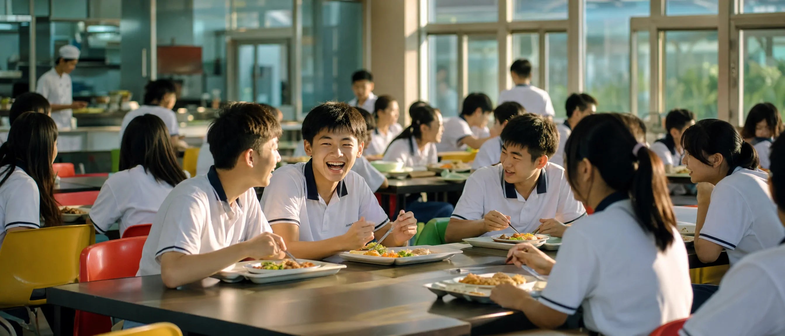 School cafeteria furniture in Taiwan with students dining in a modern campus canteen