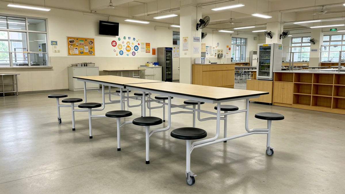 School canteen dining tables with stools, cafeteria furniture for student dining hall