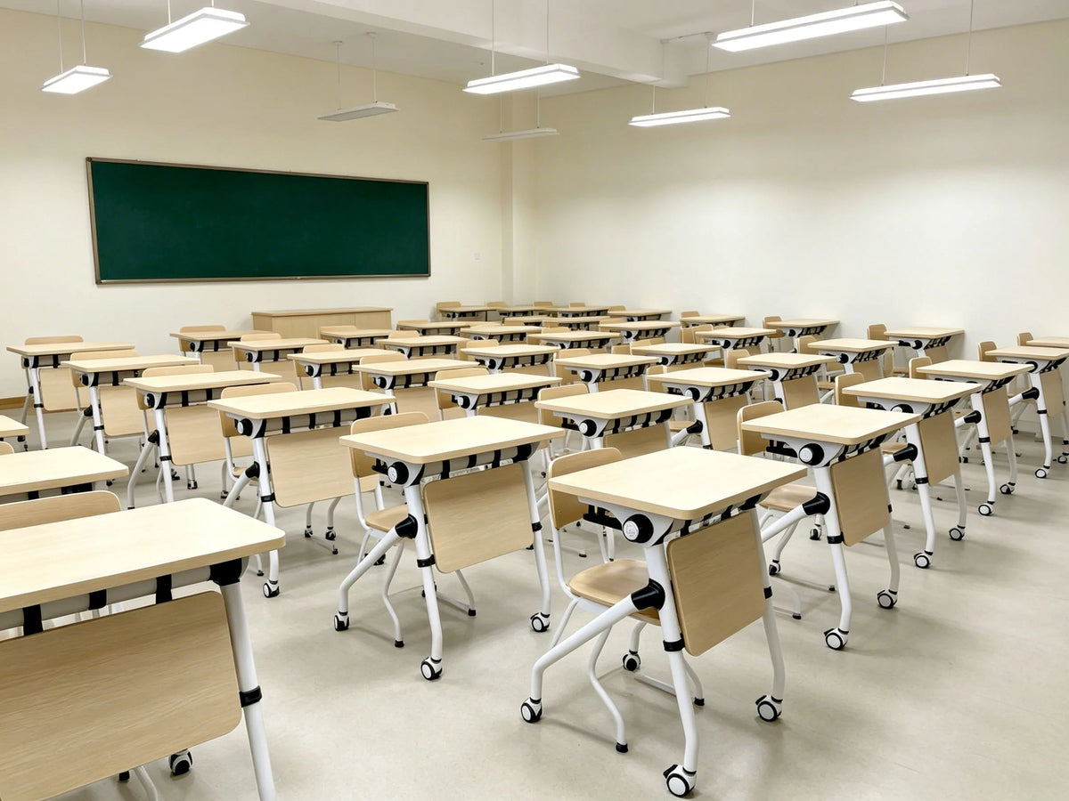 Modern classroom student tables and chairs, large bright school classroom furniture set