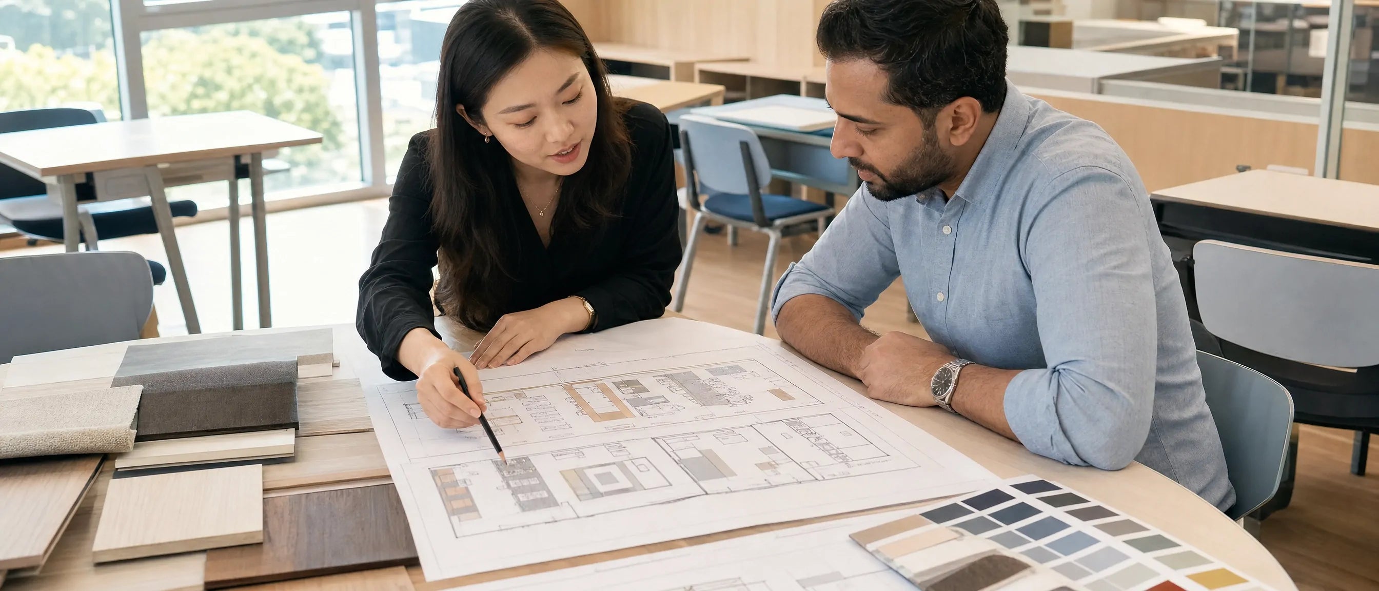 School furniture planning for global education projects with layout drawings, material selection and custom classroom specifications