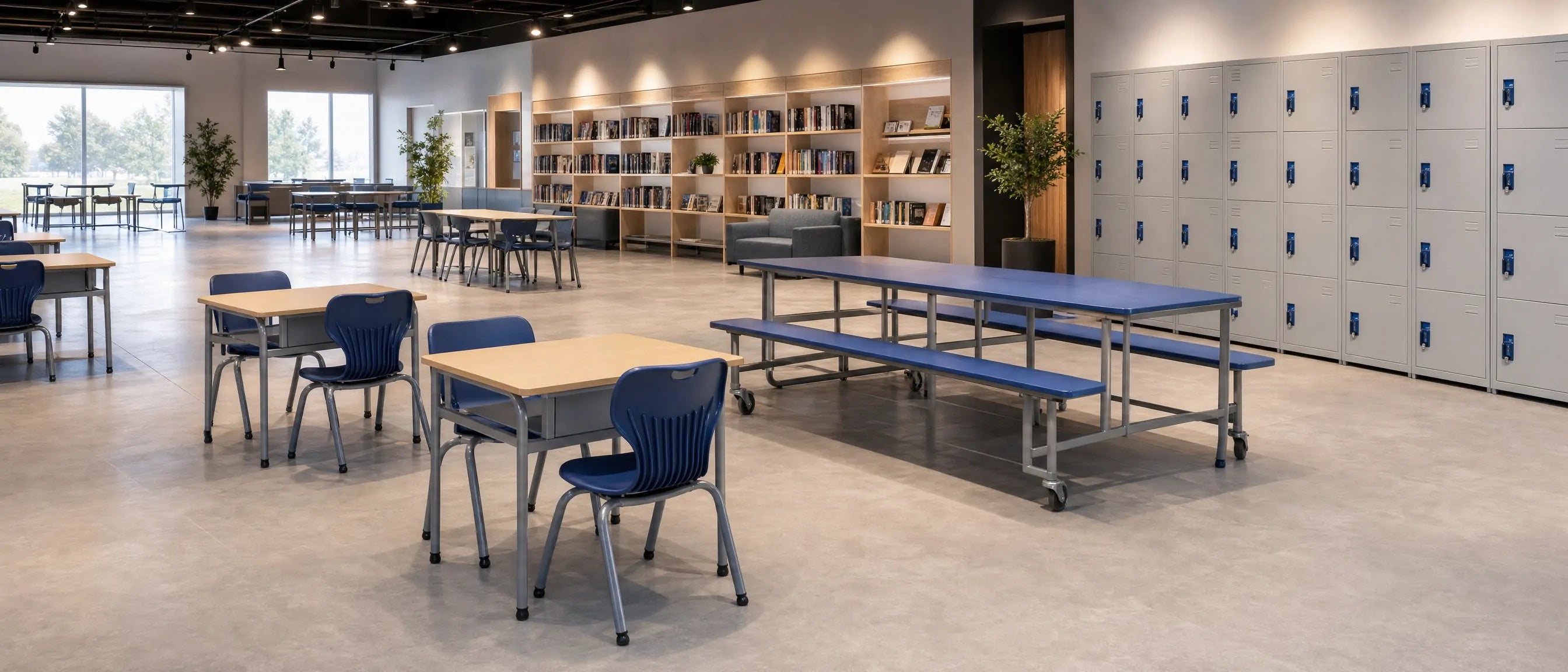 School furniture supplier factory sourced from China with classroom desks, chairs, lockers, library shelving and canteen tables