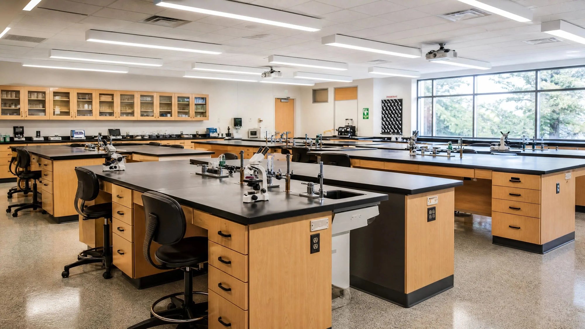 School laboratory furniture with science workstations, lab tables, stools, storage cabinets and classroom fixtures