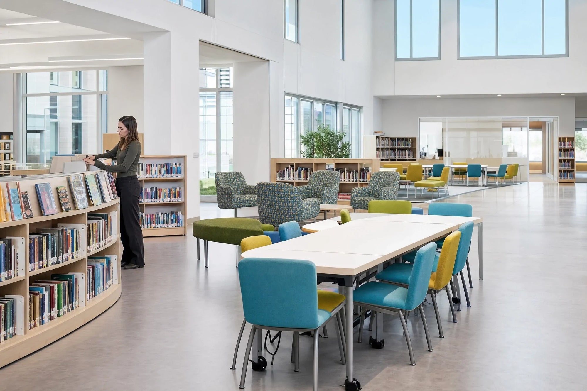 School library furniture with bookshelves, study tables, soft seating and collaborative learning space design