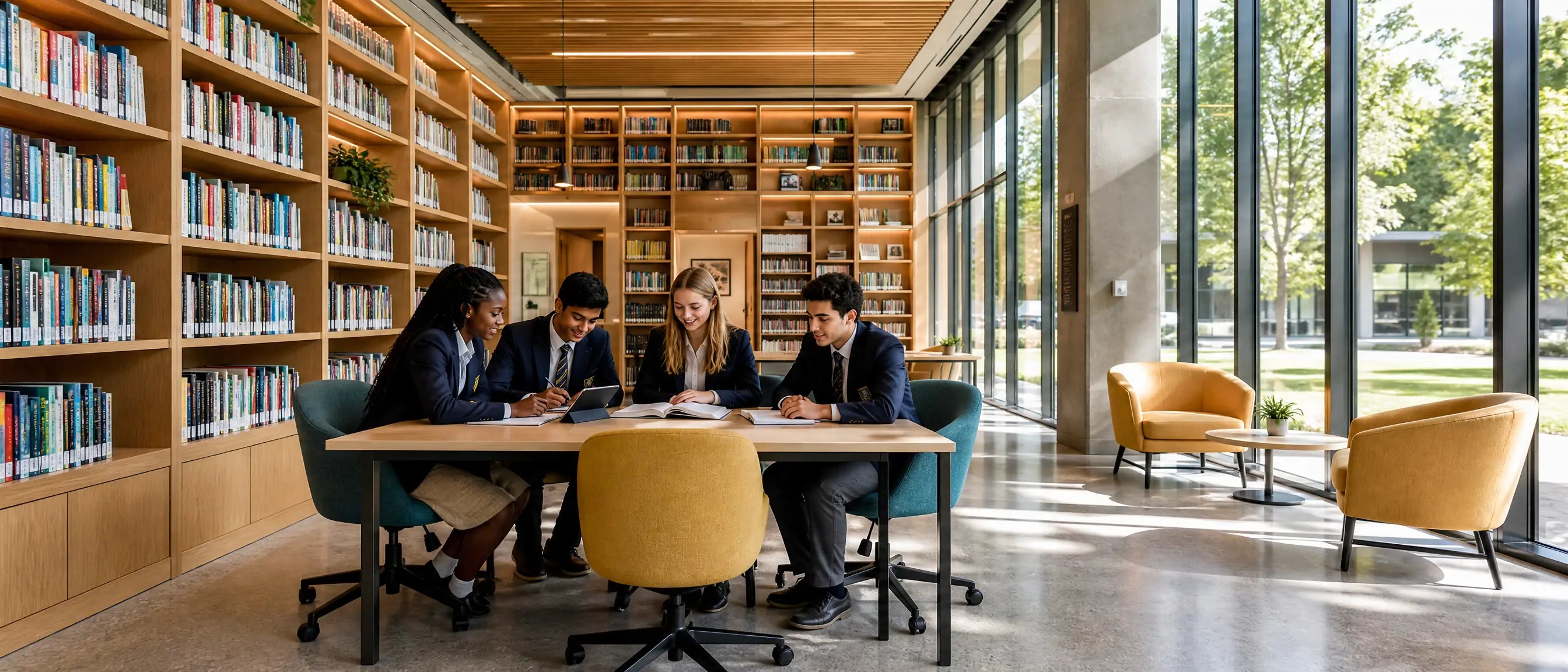 Modern school library furniture with study table, mobile seating and collaborative learning space for students