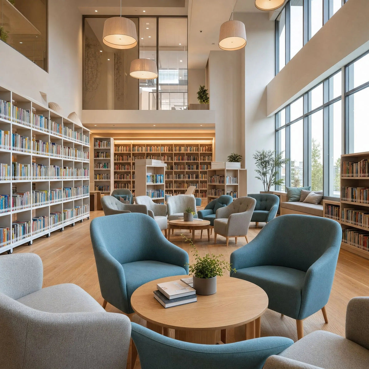 Comfort library chairs for school reading room, soft upholstered lounge seating for library study area