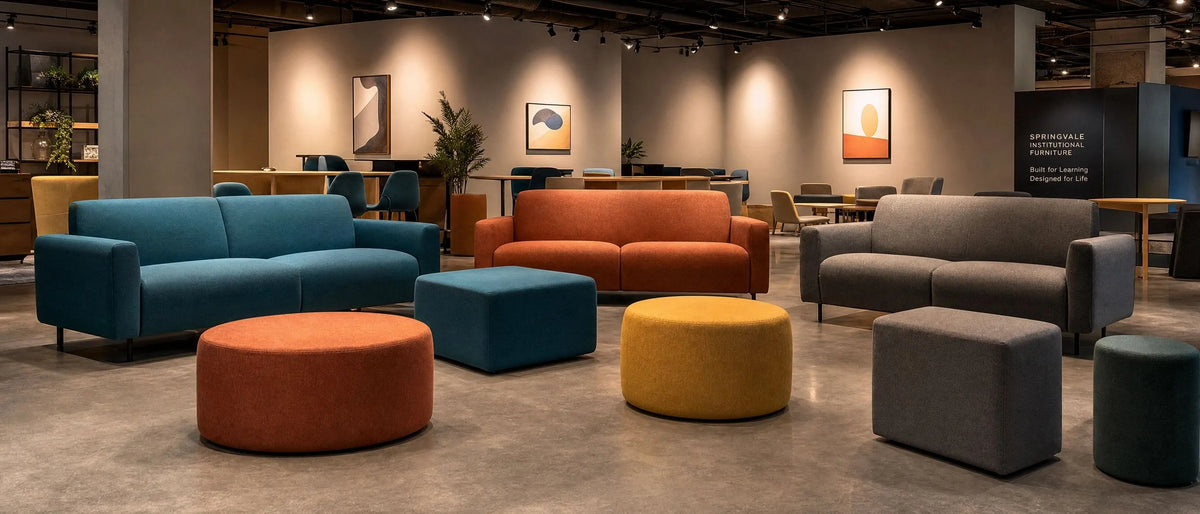 School lounge modular soft seating built for daily school use, durable sofas and ottomans for library breakout and shared learning spaces